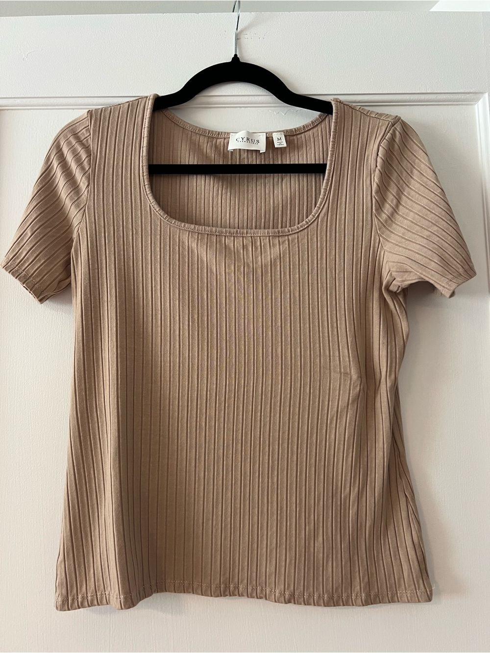 Cyrus Ribbed Scoop Neck Short Sleeve Top - Taupe